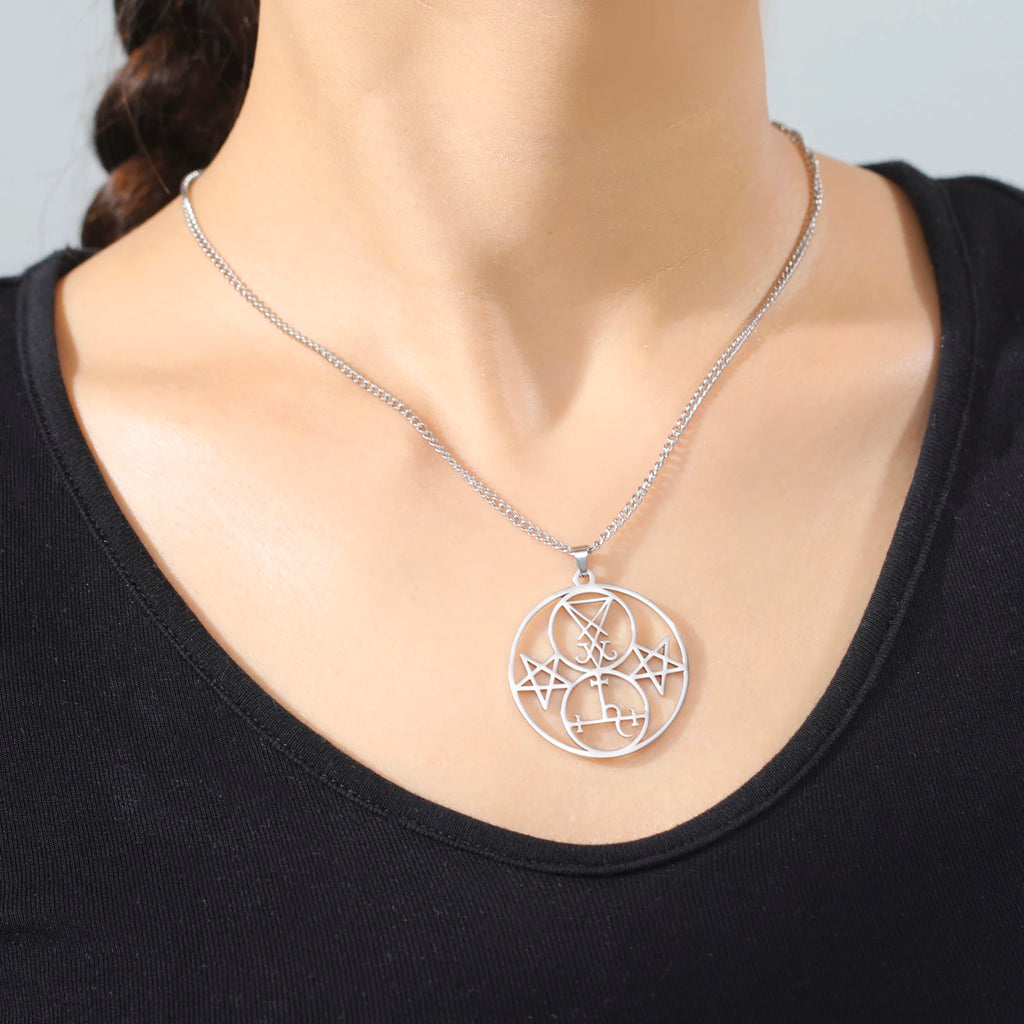EUEAVAN Sigil of Lucifer Lilith Double Seal Pendant Necklace Church Satan Demon Satanic Stainless Steel Pentagram Amulet Jewelry