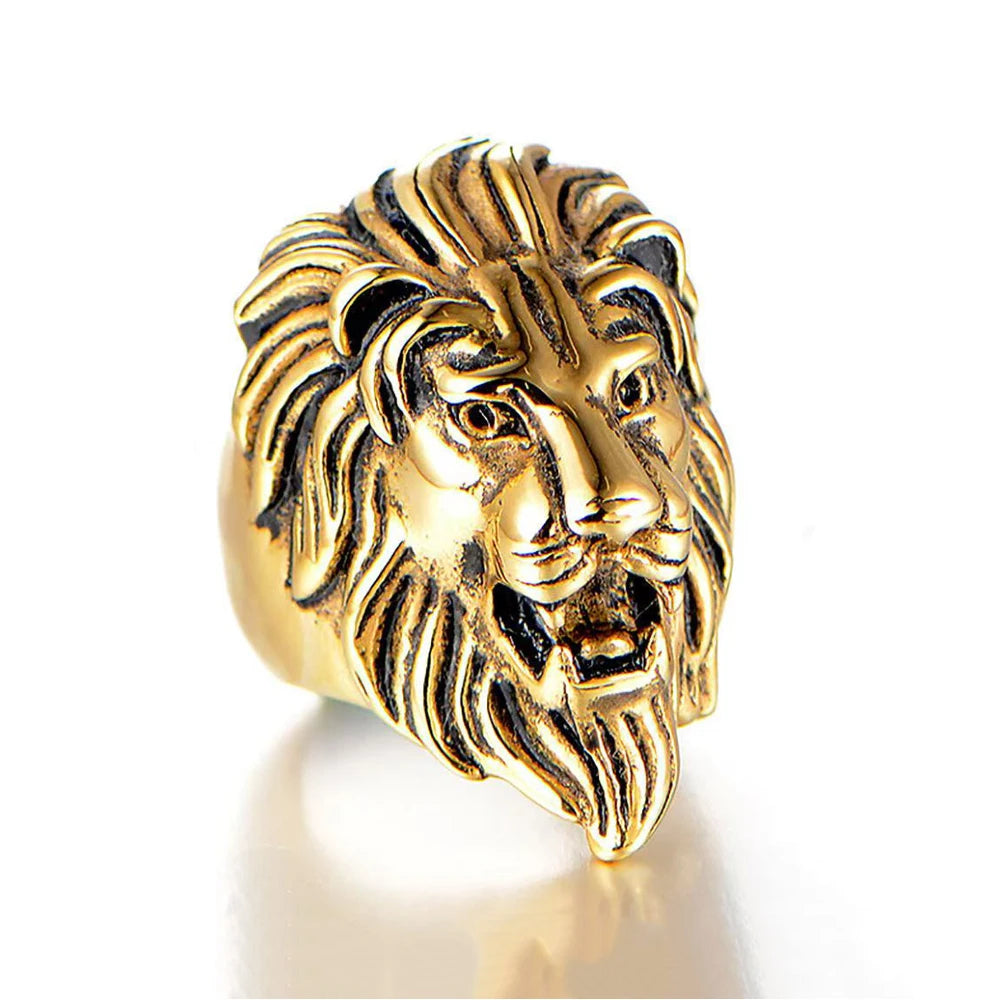 Hip Hop Gold Color Lion Head Ring Stainless Steel Big Large Animal Lion Finger Rings For Men Boys Punk Rapper Jewelry