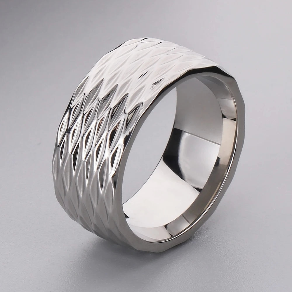 Waterproof Vacuum Plated Blue Gold Color 316l Stainless Steel Rings for Man 10mm Width Rhombus Design Mens Ring Fashion