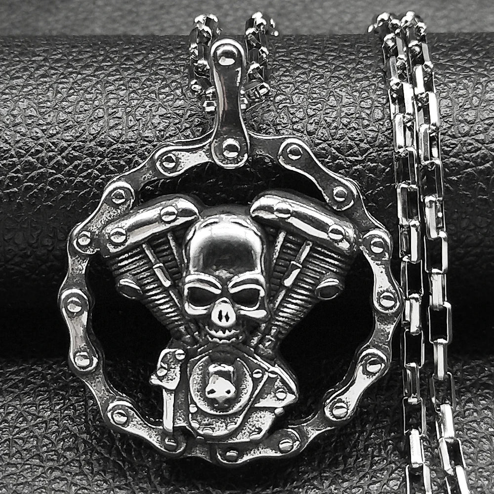 Skull Motorcycle Silver Pendant Heavy Duty Engine