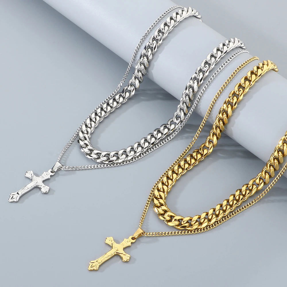 Men's Double Layer Cross Pendant Necklace for Men Gold Color Stainless Steel Cuban Link Chain Necklaces Bracelets