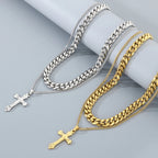 Men's Double Layer Cross Pendant Necklace for Men Gold Color Stainless Steel Cuban Link Chain Necklaces Bracelets