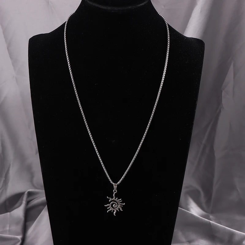Fashion Creative Sun Flame Pendant Necklace Punk Hip Hop Retro Hipster Men's Hollowed Out Titanium Steel Necklace