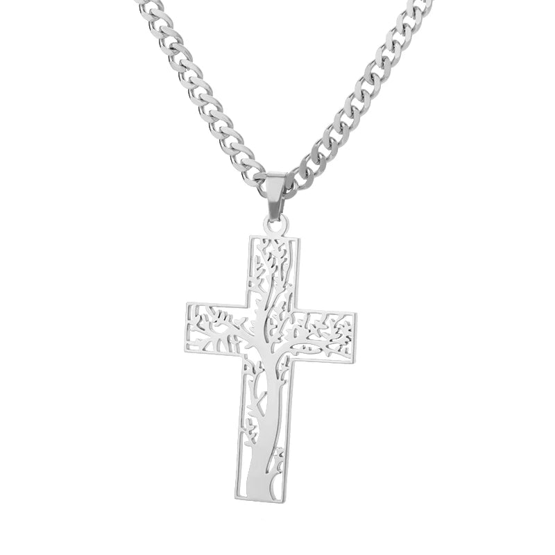 Stainless Steel Tree of Life Cross Necklaces for Women Gold Color Chain Necklace Aesthetic Collar Jewelry Accessories Gift