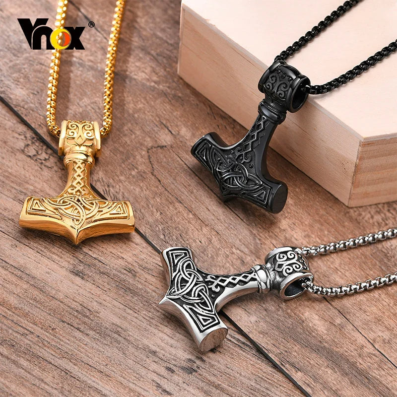 Vnox Vintage Men Norse Viking Necklaces,Rock Punk Retro Thor Mjolnir Hammer Pendant,Scandinavian Nodic Amulet Rune Neck