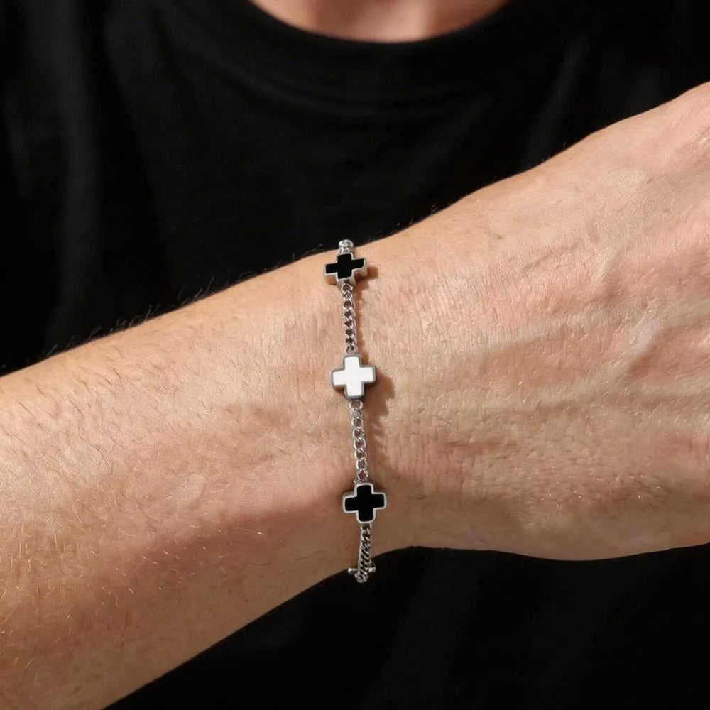 Cross Black Contrast Charm Bracelet — Stainless Steel
