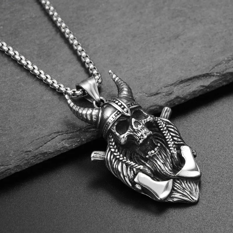 Viking Horned Skull Pendant Necklace — Nordic