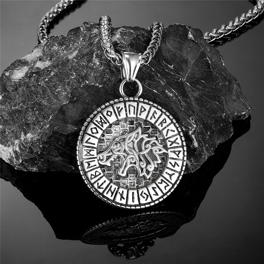 Viking Norse Mythology Odin Wolf Necklaces Men Gold Color Fenrir Rune Pendant Talisman Stainless Steel Male