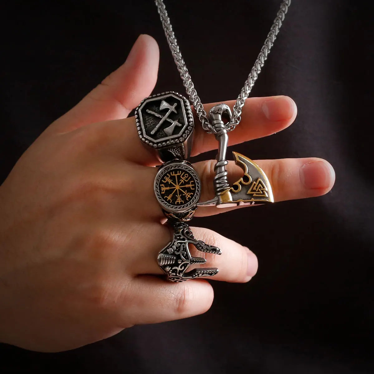 Men Vikings Ax Necklace Gold Color Never Fade Norse Rune Axe Thor Hammer Mjolnir Slavic Amulet Pendant Stainless Steel