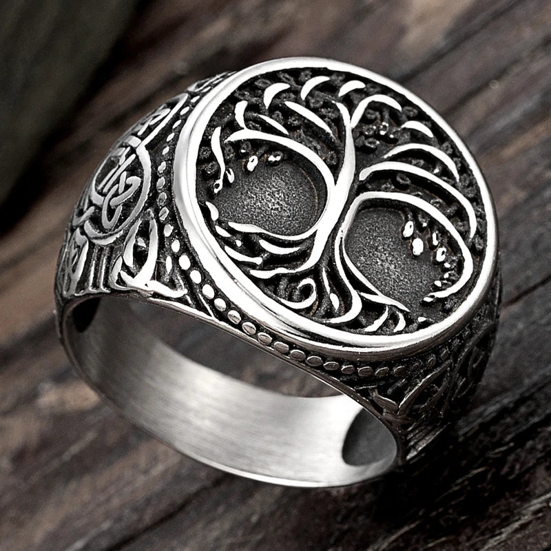 Viking Tree Of Life Ring 316L Stainless Steel Distressed Grey Norse Mythology Symbol Retro Hip Hop Men Hand Jewelry For Male Hot
