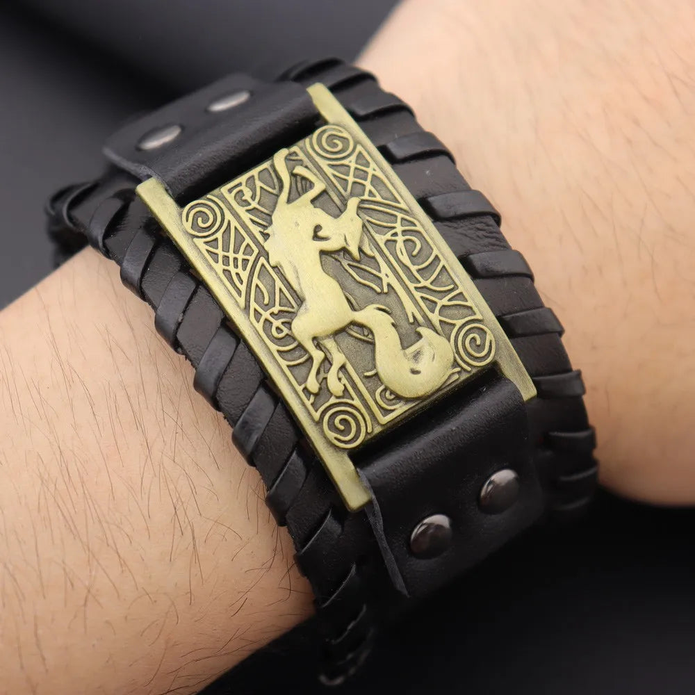 Nordic Viking Symbol Fox Pattern Bracelet Men's New Fashion Metal Leather Woven Jewelry Animal Accessories Party Gift