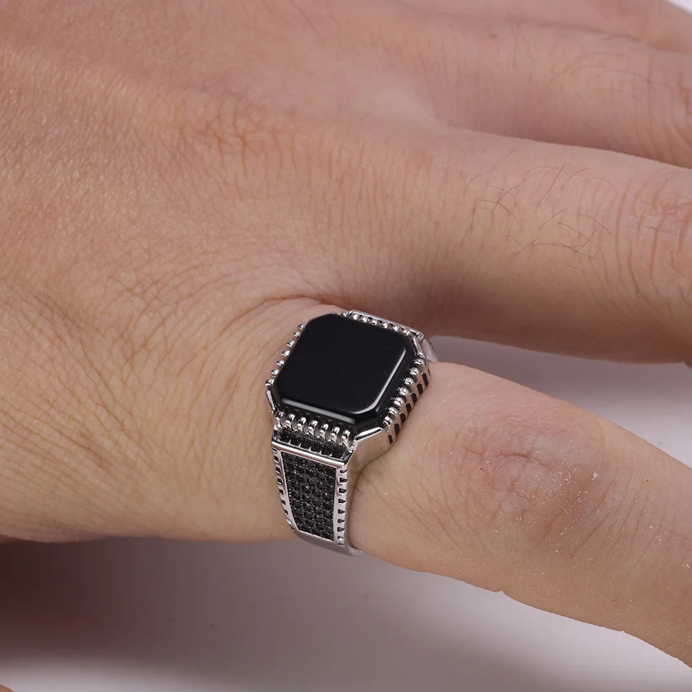 Genuine Solid 925 Sterling Silver Turkish Rings For Men Black Band With Stone Square Natural Onyx Vintage Male Jewelry