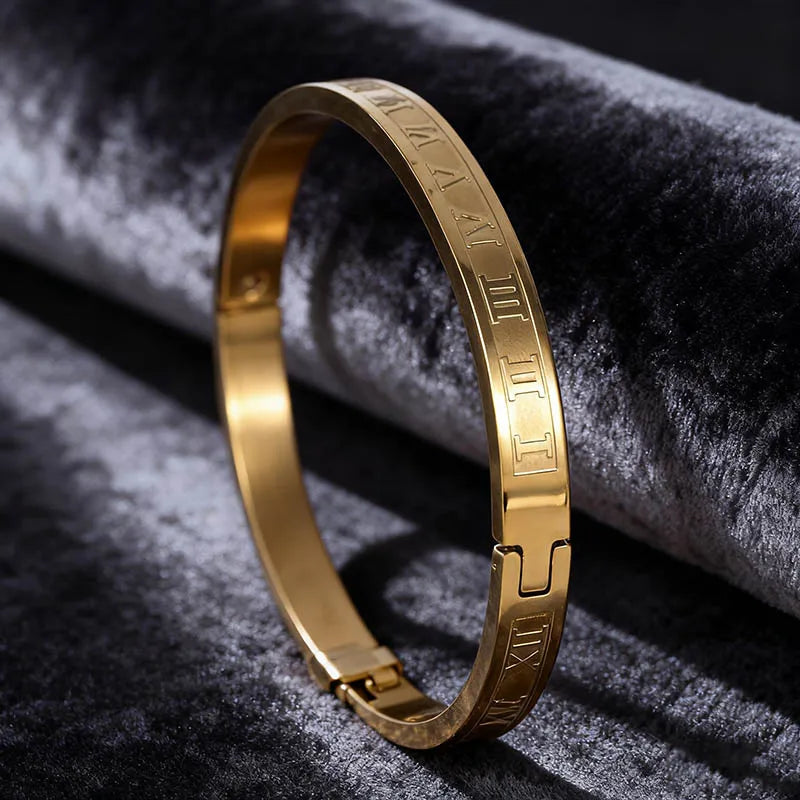 Roman Numeral Charm Bangle — Stainless Steel