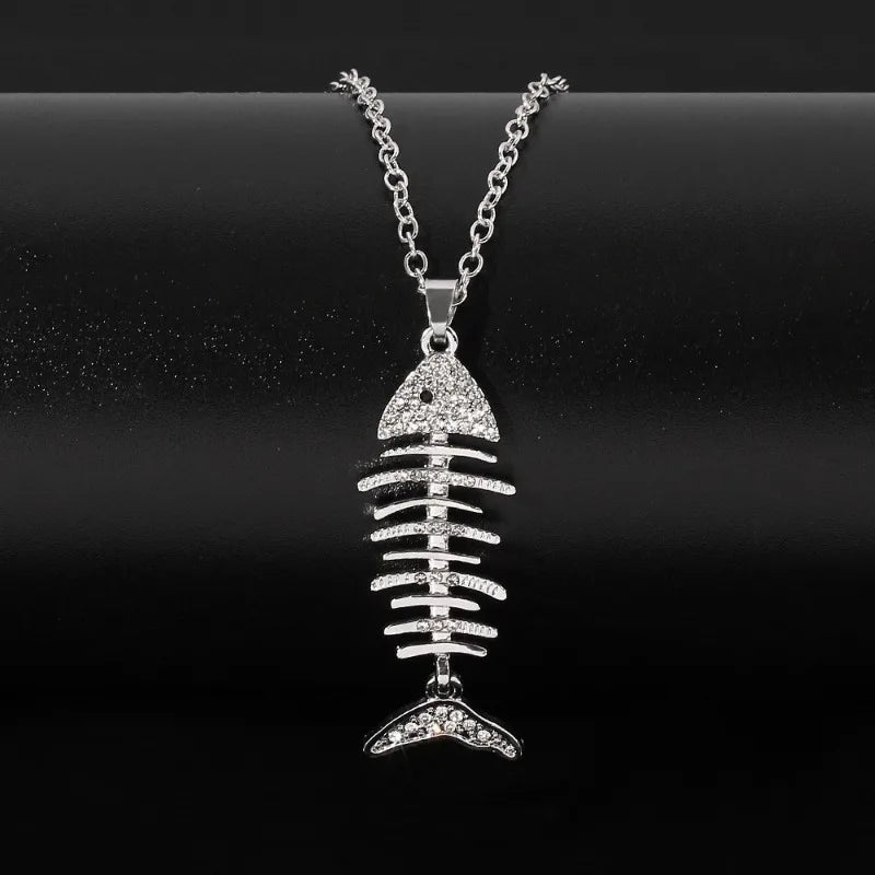 Fish Bone Necklace Rhinestone Skeleton Pendant Sparkly Chain Choker Hip Hop Jewelry Edgy Fashion Accessory Gift