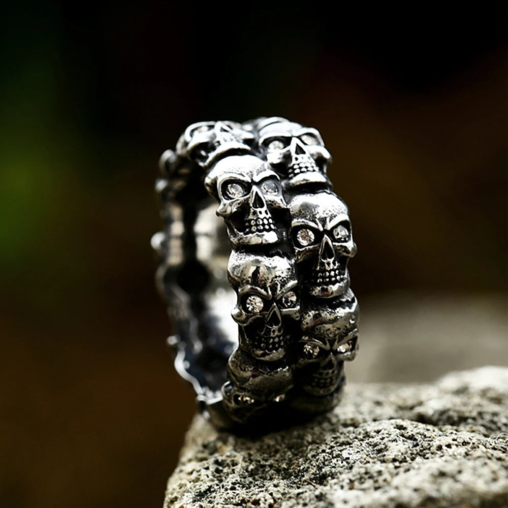 Vintage Punk Crystal Stone Skull Ring For Men Hiphop Rock Locomotive Stainless Steel Rings Party Jewelry Creative Gift