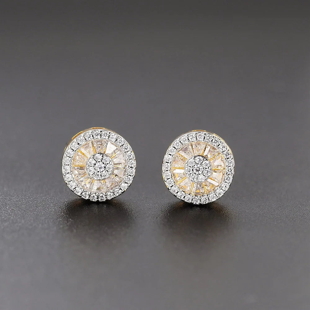 Iced Out Round Square Stud Earrings — Gold