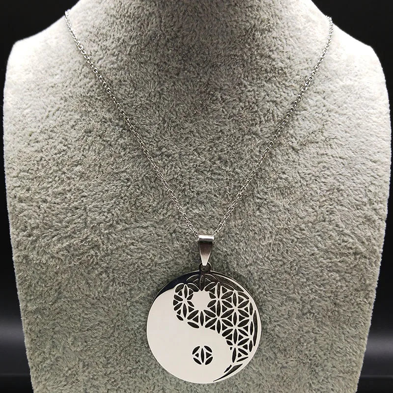 Yin Yang Flower of Life Stainless Steel Necklace for Women Men Silver Color Necklaces & Pendants Jewelry bisuteria N428-QKCS02