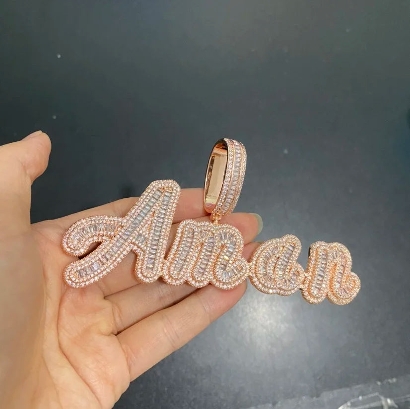 TBTK Custom Baguettecz Cursive Letter Name Pendant Iced Out Cubic Zirconia Personalized Chain Necklace Hiphop Jewelry