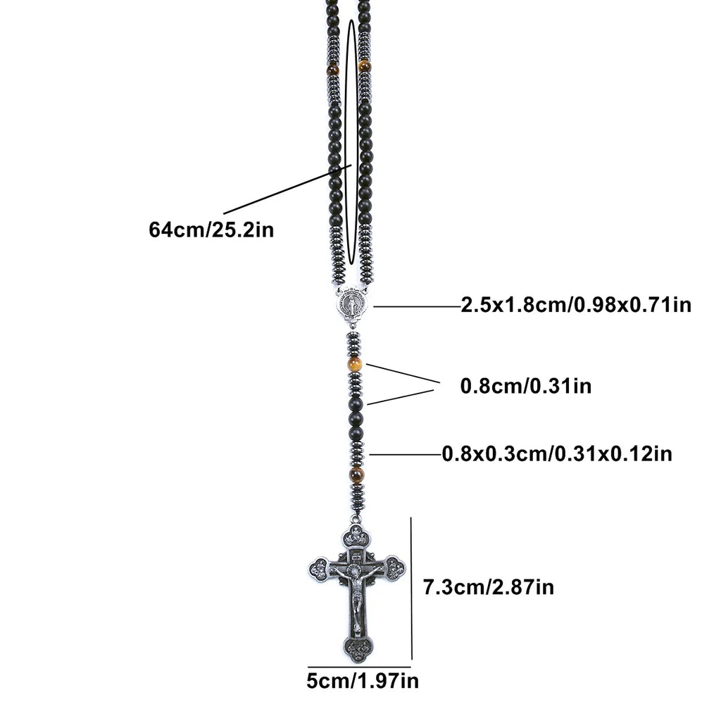 Trendy 8mm Black Round Beads Tiger-eye Stone Saint Benedict Cross Pendant Necklace for Men