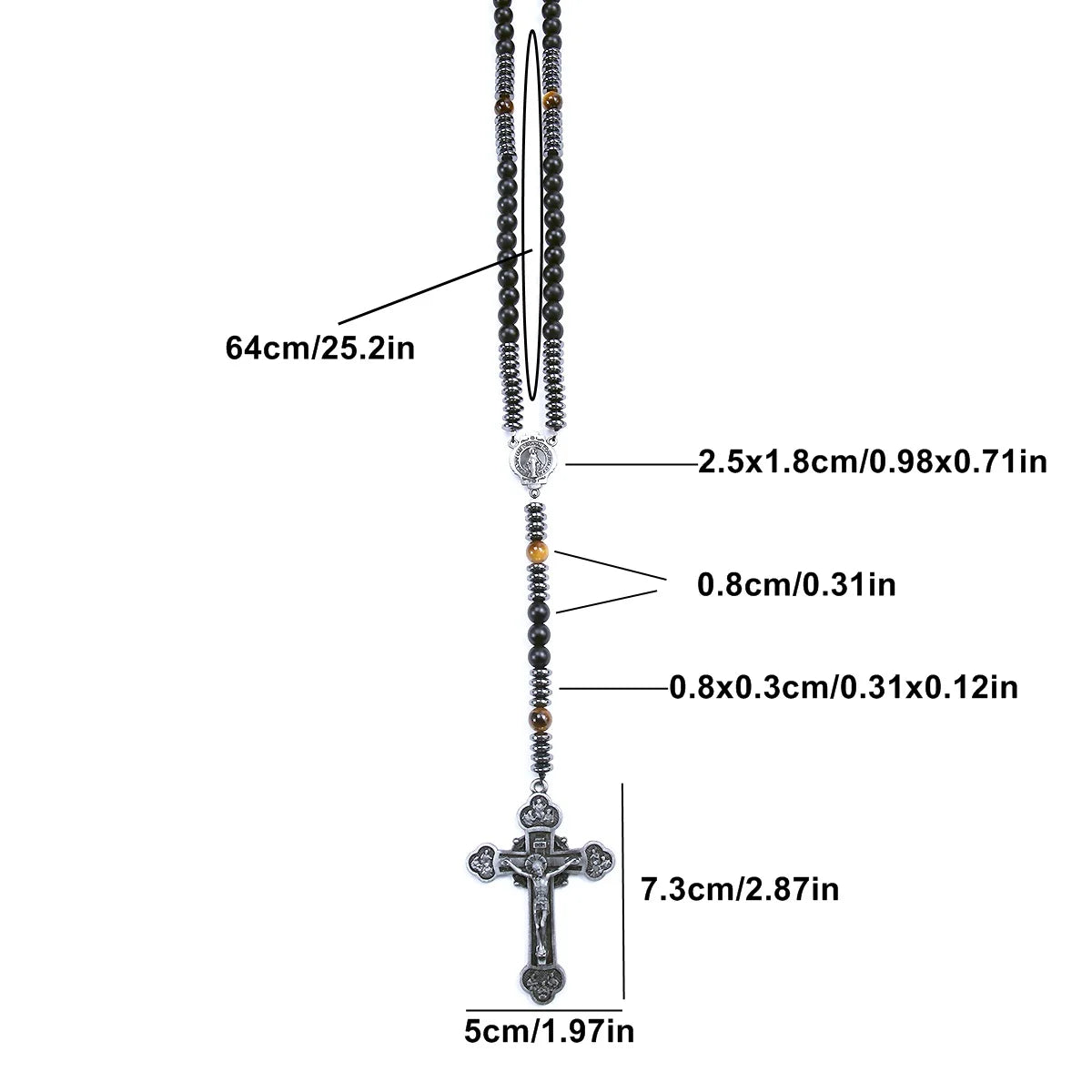 Trendy 8mm Black Round Beads Tiger-eye Stone Saint Benedict Cross Pendant Necklace for Men