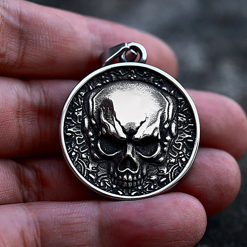 Double-Sided Skull Coin Pendant Necklace — Stainless