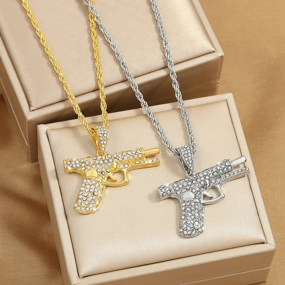ZAKOL Hiphop&Rock AK47 Rifle&Gun Pendant Necklaces For Men Women Crystal Metal Clavicle Chain Choker Party Daily Jewelry Gifts