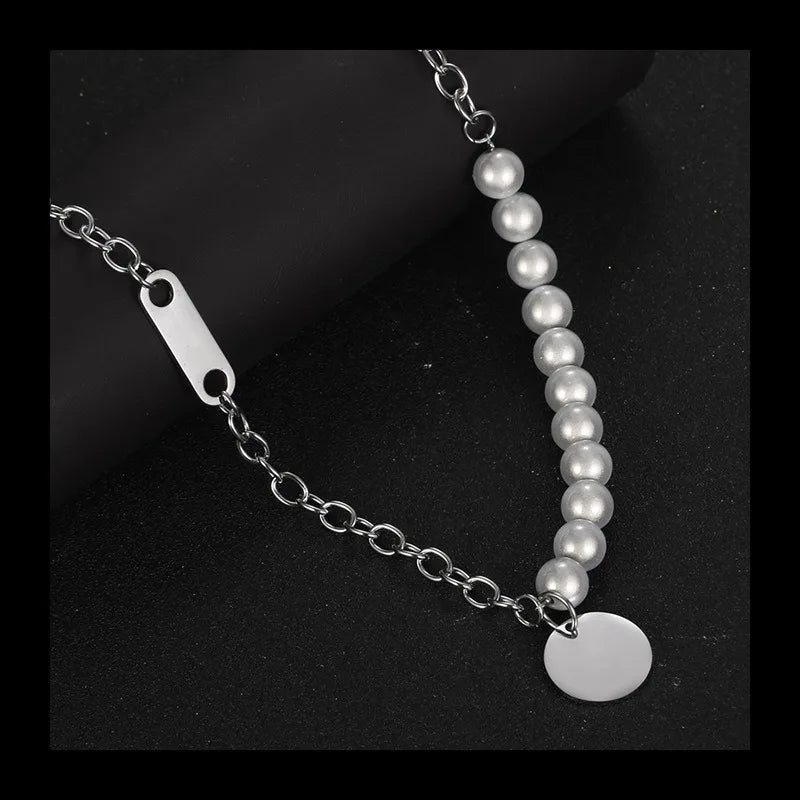 Pearl Round Brand Necklace — Stainless