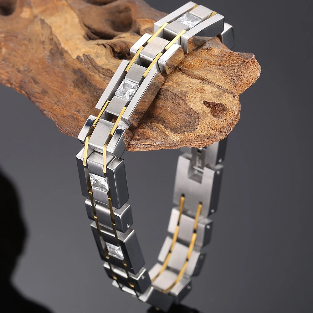 Casting Stainless Steel Man Bracelet Two Tone 12MM Link Chain Men's Bracelets Bangles With CZ Wrist Jewelry Boys