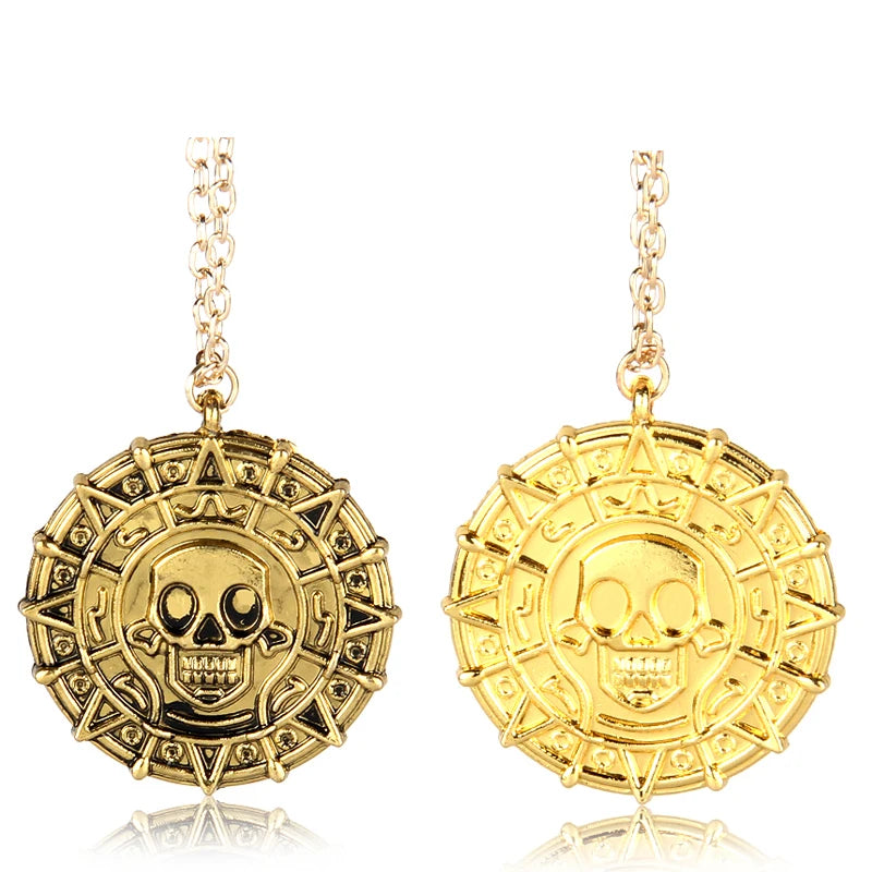 Movie Accessories Akg Pirates Of The Caribbean Aztec Gold Color Coin Necklace Retro Skull Pendant Punk Hip Hop Necklace