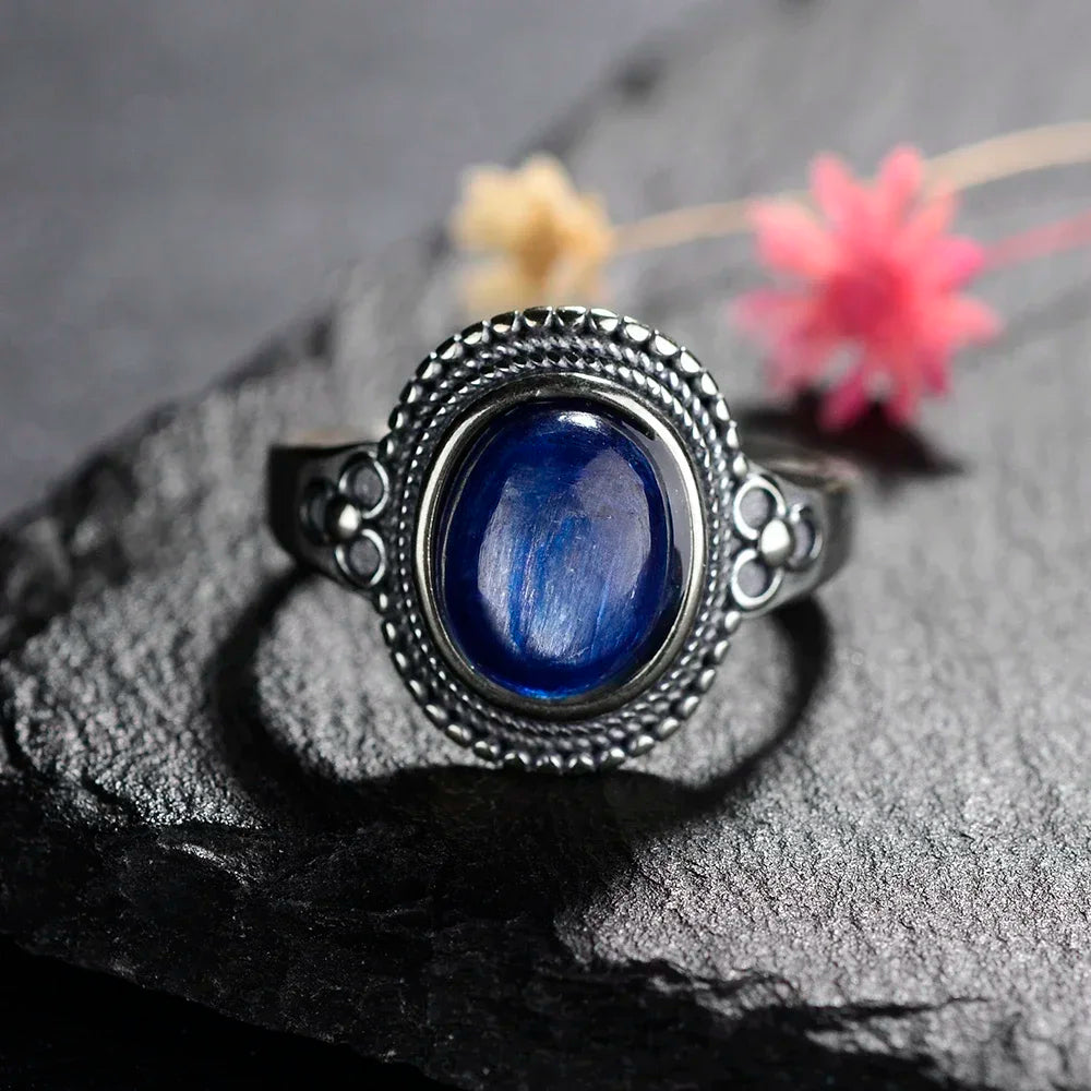 Sterling Silver 925 Vintage Rings Oval 8X10mm Rings Black Onyx Natural Fine Jewelry For Men Women Rhodochrosite Rings