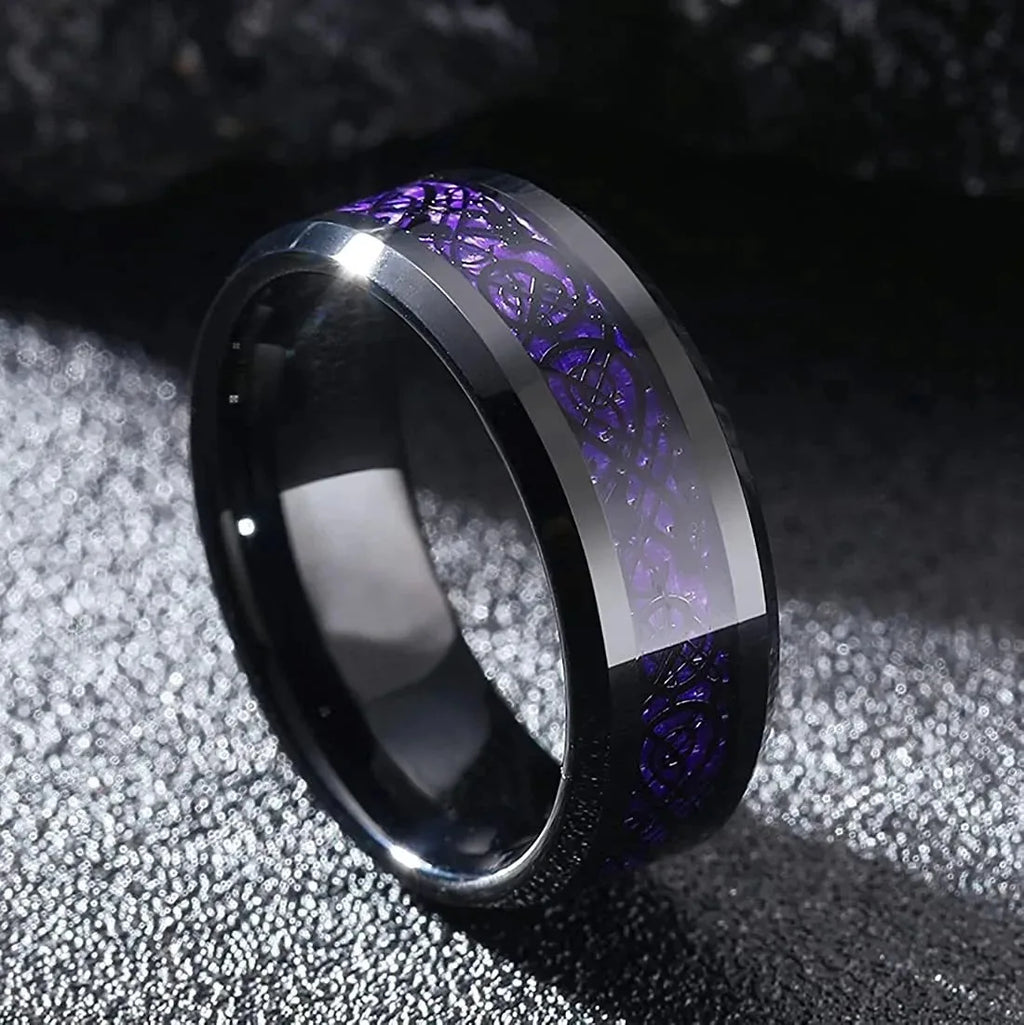 Fashion 8mm Stainless Steel Celtic Dragon Rings For Men Inlay Purple Carbon Fiber Rings Wedding Band Jewelry Birthday Gifts