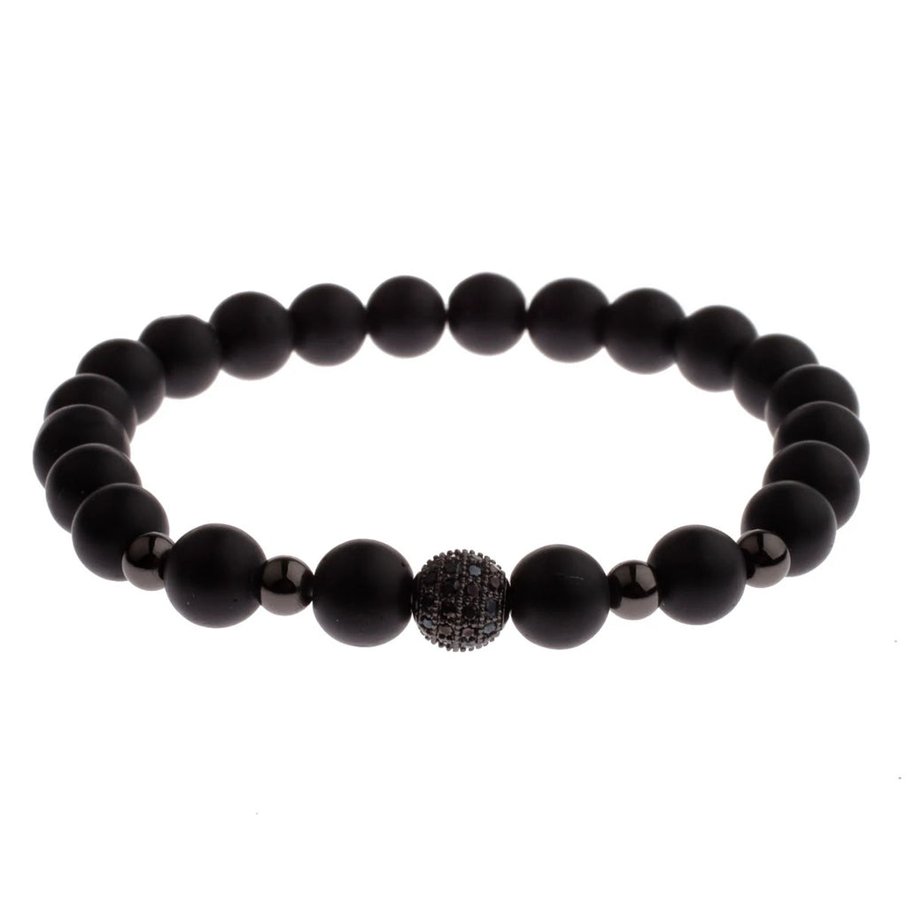 Black CZ Pave Ball Beaded Bracelet for Men — Adjustable Weave