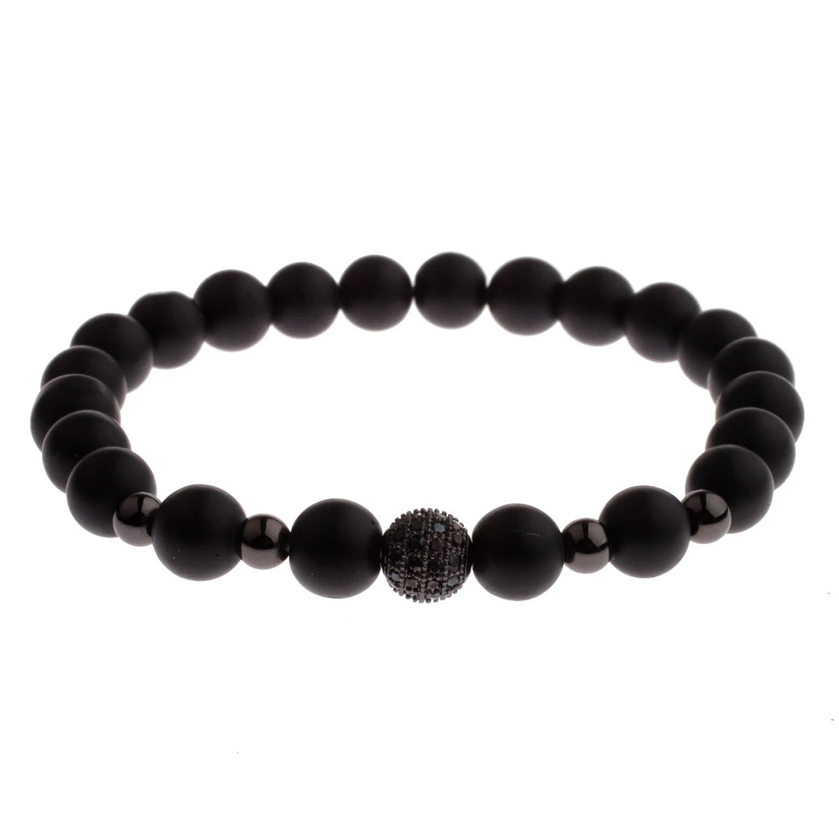 Black CZ Pave Ball Beaded Bracelet for Men — Adjustable Weave