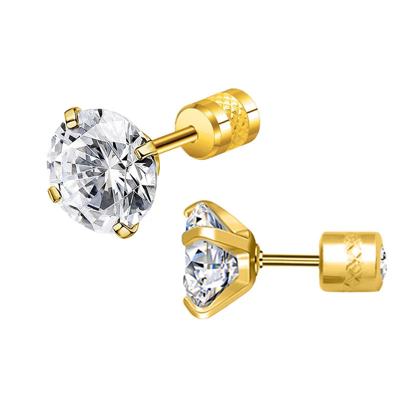 1 Pair 3-8mm Classic Round/Flat Back Screw Stud Earrings for Women/Men Stainless Steel  Shiny Zircon Crystal Piercing Jewelry