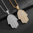 Hip Hop Bling Iced Out Stainless Steel Fatima Hand Pendants Necklace for Men Rapper Jewerly Gold Silver Color