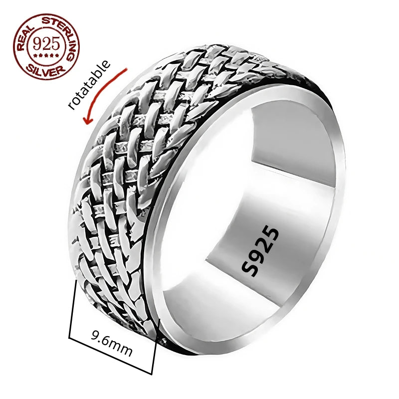 Handmade 12mm Width Real S925 Sterling Silver Lucky Dragon Double Layer Rotatable Closed Dragon Ring For Man Woman Fine