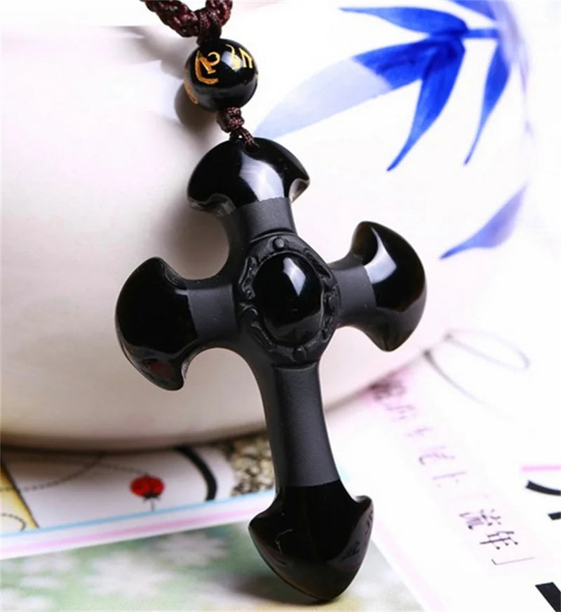 Drop Shipping Natural Black Obsidian Carved Cross Lucky Pendant + Beads Necklace for Woman Man Crystal Jade Charm Gift Jewelry