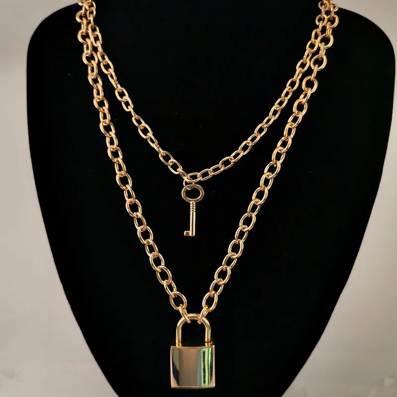 Punk Style Double Layer Padlock Key Necklace Hip Hop Chain Choker Pendant Jewelry Accessory for Women Men Daily Wear