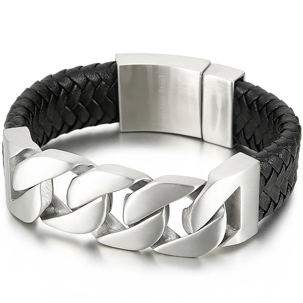 24MM Wide Cuban Chain Bracelet for Men Matte Brushed Stainless Steel With Braided Leather Men's Bracelets Bold Hip Hop