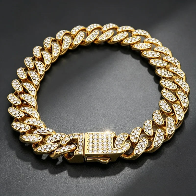 11mm full Rhinestone Miami Chain Bracelet for Men Rock Thick Cuban Chain Stainless Steel Punk Biker Jewelry Gifts