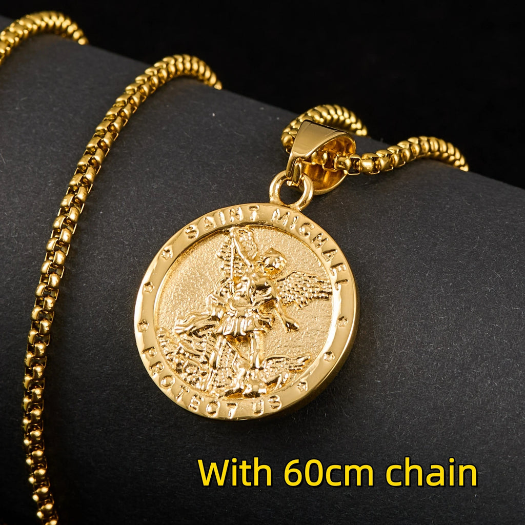 1pc Catholic Angel Michael Gold color round pendant For Men Women Punk 316L Stainless Steel Knight Saint Michael Jewelry Gifts