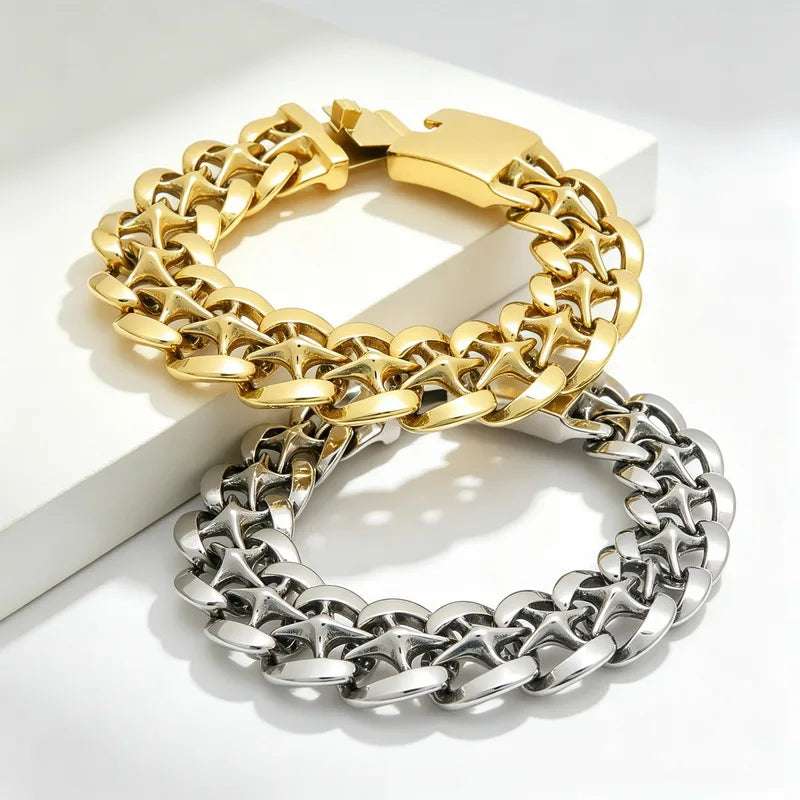 Kalen Heavy Hollow Star Cuban Chain Bracelet for Men 19mm Stainless Steel Wide Jewelry Thick Wristband Punk Fashion