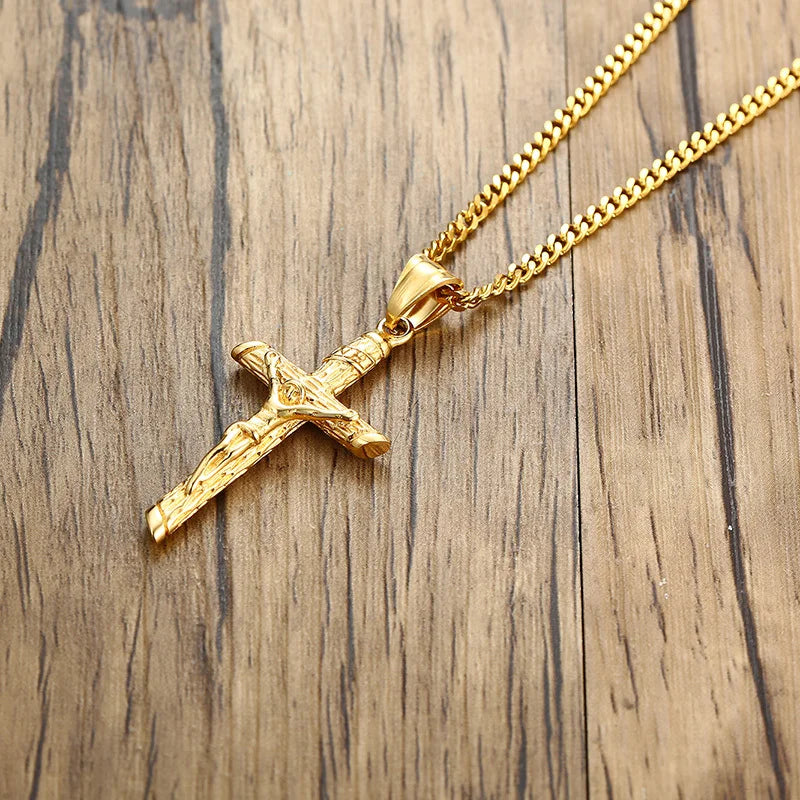 Vnox Cross Necklace for Men Women,Catholicism Jesus Pendant,Gold Color Stainless Steel Unisex Collar,Church Prayer