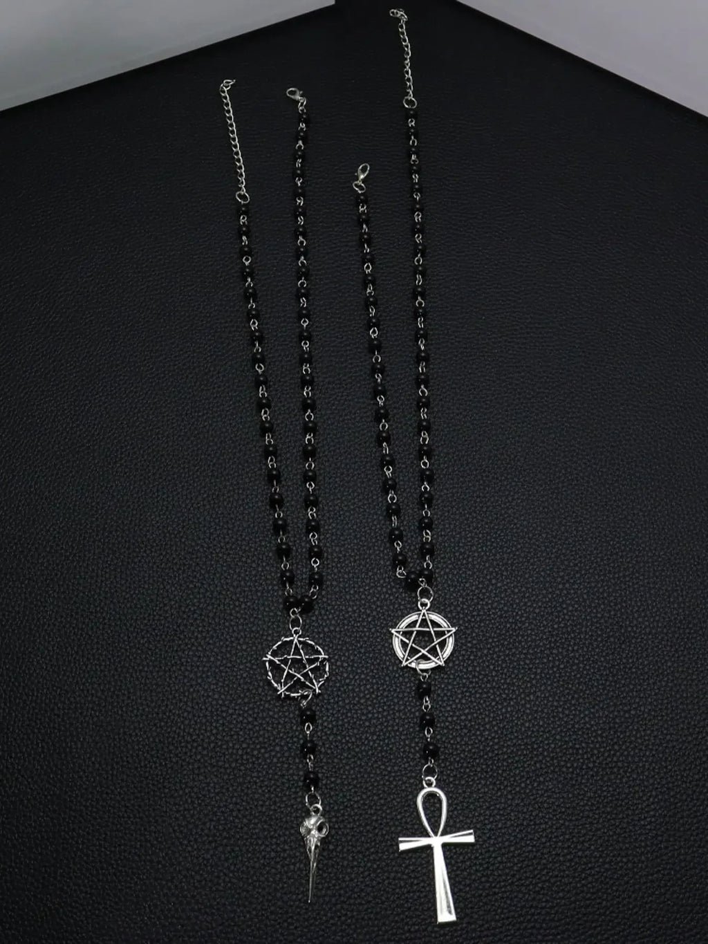 Gothic Pentagram Ankh Beaded Necklaces Black beaded chain with crow skull pendant. Ideal for goth girls, witchy aesthetic & alternative fashion. Edgy occult layering jewelry, stand out with dark vibe Gothic Mystery Jewelry Ac