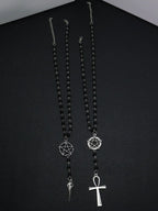 Gothic Pentagram Ankh Beaded Necklaces Black beaded chain with crow skull pendant. Ideal for goth girls, witchy aesthetic & alternative fashion. Edgy occult layering jewelry, stand out with dark vibe Gothic Mystery Jewelry Ac