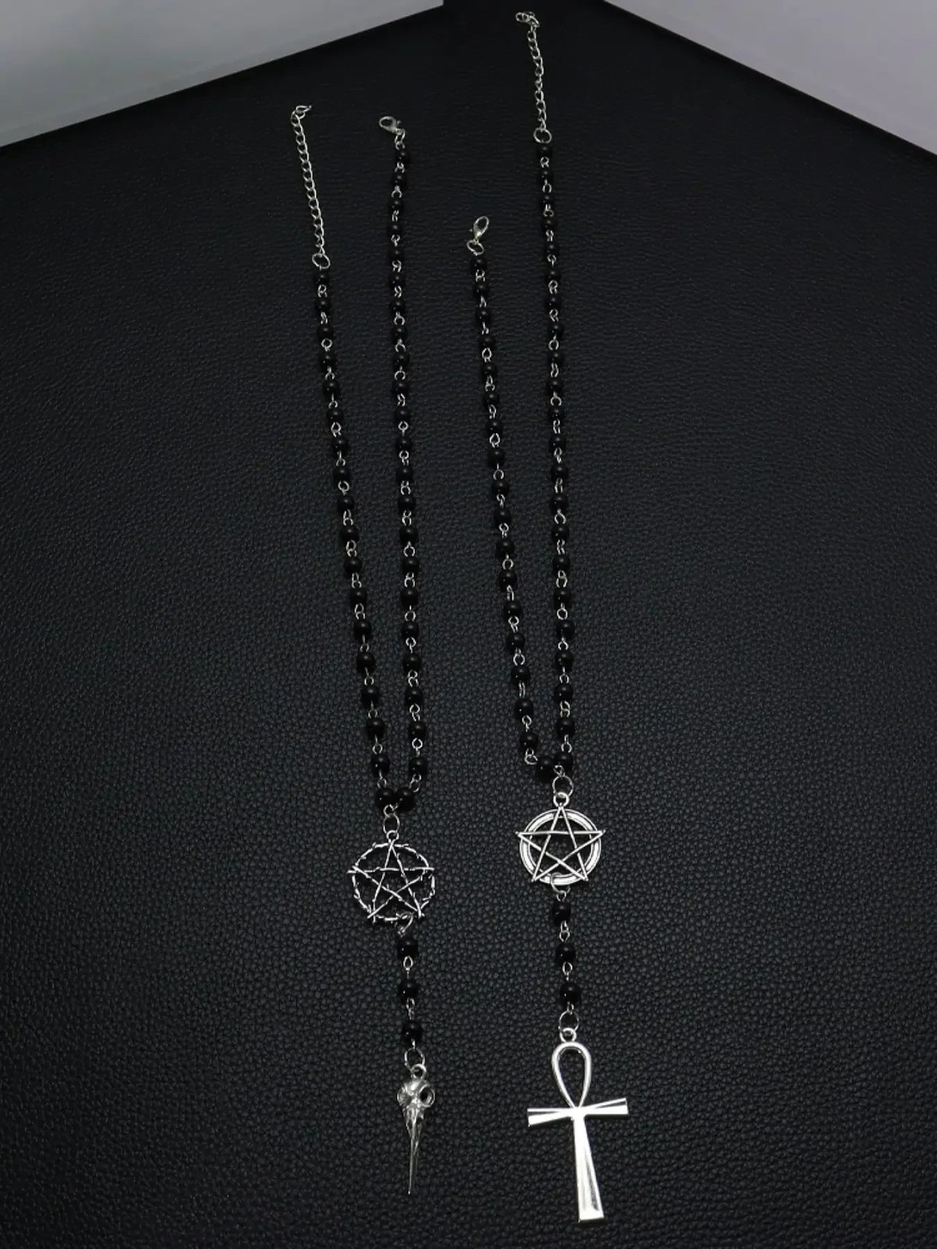 Gothic Pentagram Ankh Beaded Necklaces Black beaded chain with crow skull pendant. Ideal for goth girls, witchy aesthetic & alternative fashion. Edgy occult layering jewelry, stand out with dark vibe Gothic Mystery Jewelry Ac