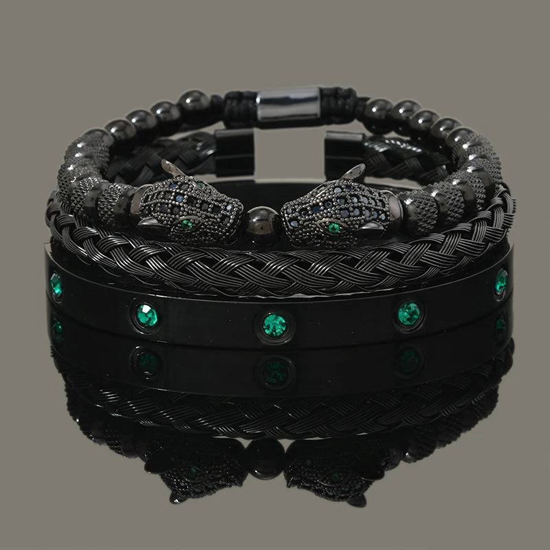 Green Eye Leopard Head & Crown Crystal Bracelet — Stainless Steel
