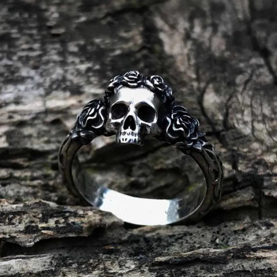 Unique Black Mens Flower Skull Ring 316L Stainless Steel Heavy Rings for Men Male Bijoux Punk Biker Fashion Party