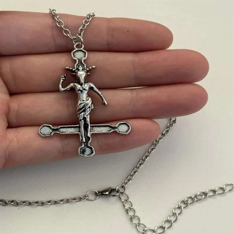 Baphomet Pentagram Cross Necklace — Black Metal