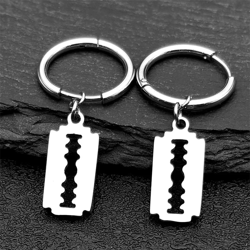 Hip Hop Razor Blade Dangle Earrings For Women Men Stainless Steel Silver Color Male Man Pendant Drop Earring Jewelry